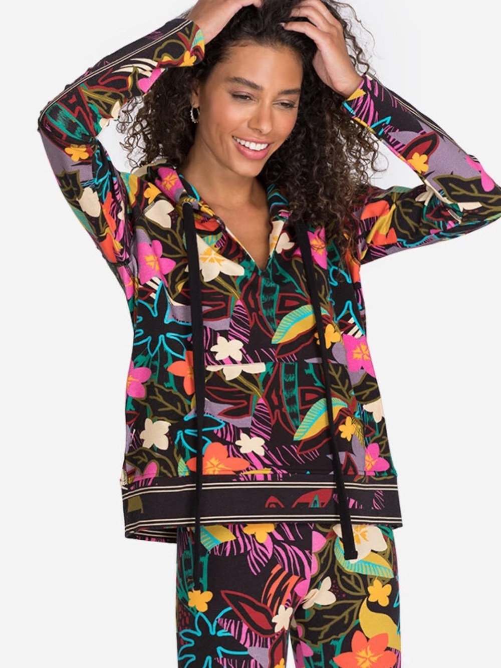 Johnny Was Wild Black Floral Hoodie Top small pullover